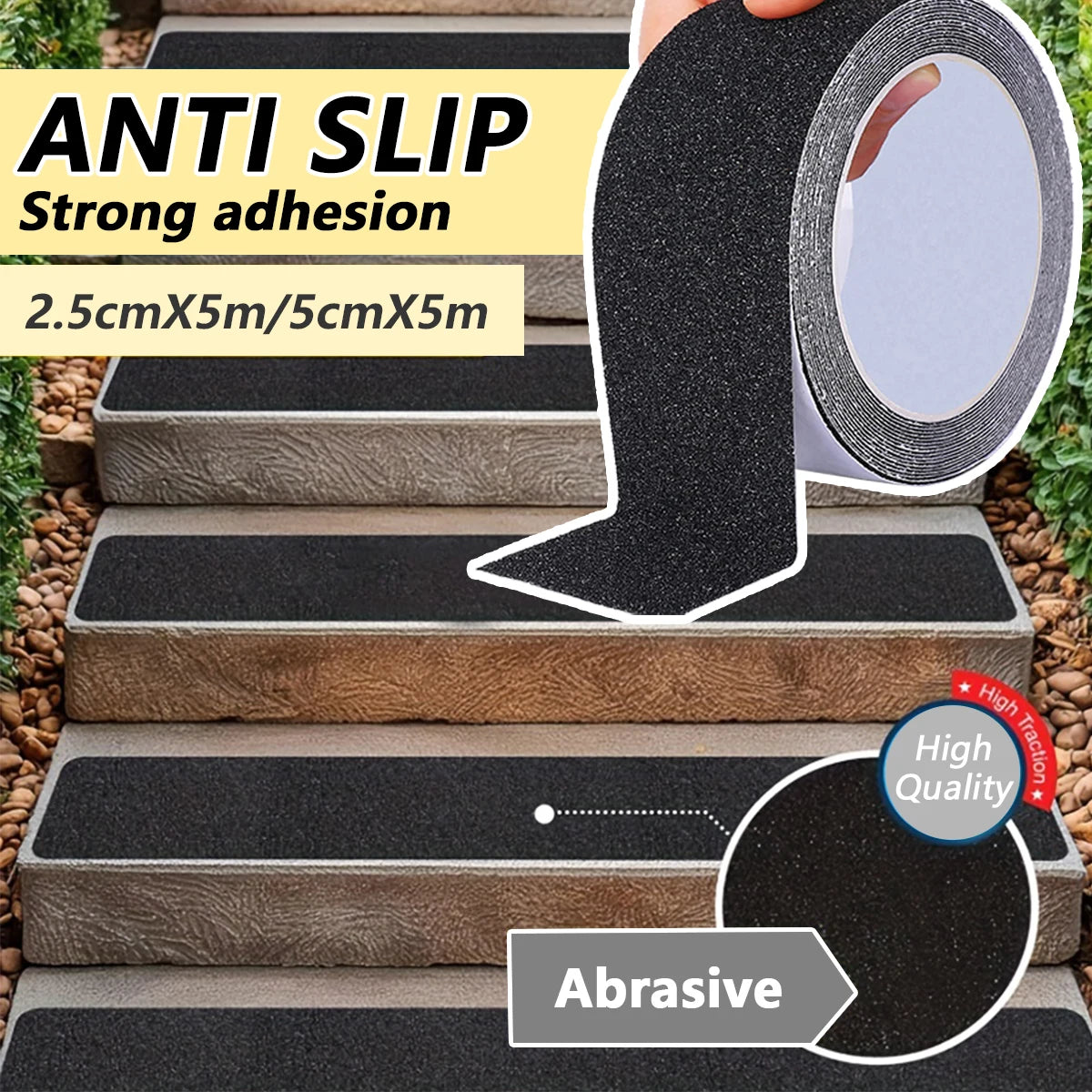 5M Black Frosted Anti-slip Tape Anti-frosted Slip Strip for Stair Self-adhesive Bathroom Floor Steps Waterproof Non-slip Warning Qme