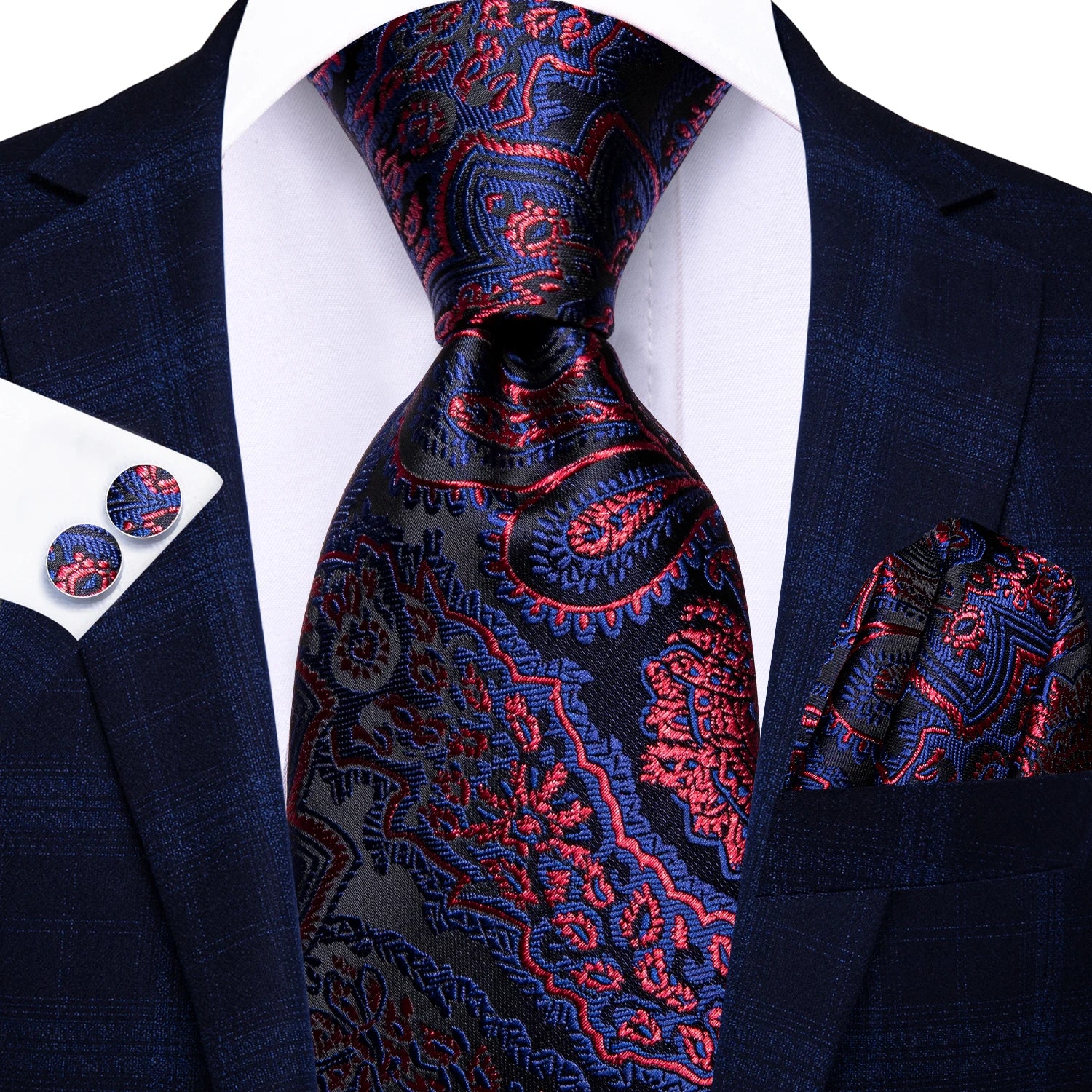 Hi-tie Red Blue Striped Business Mens Tie Jacquard Necktie