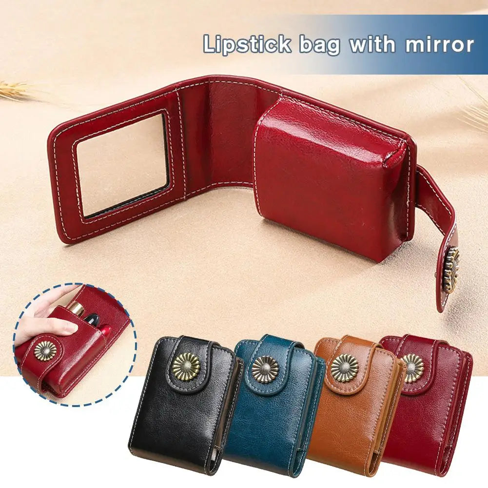 Lipstick Cosmetic Bag Mirror Portable Button Women's Makeup Storage Qme