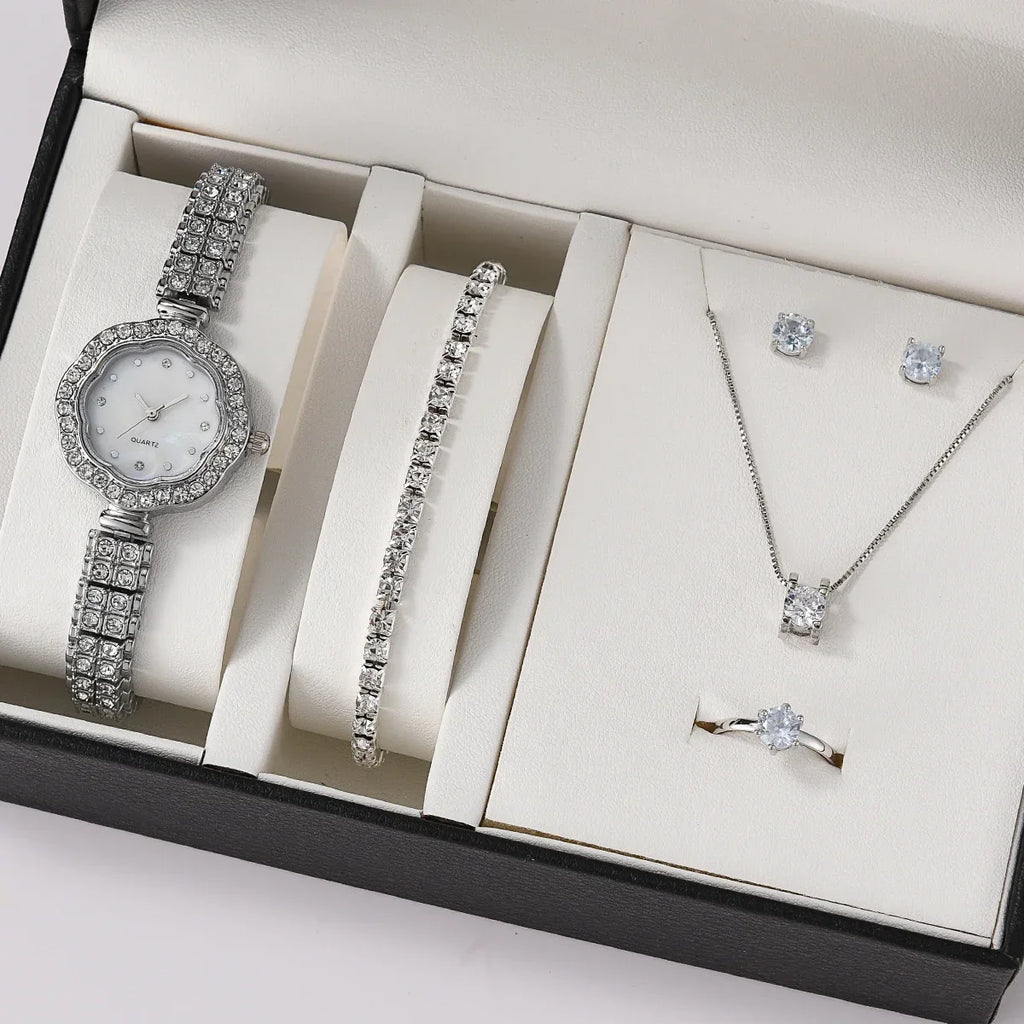Women Quartz Watch Luxury with Diamonds Simple Stainless Steel Strap Clock Ring Necklace Earrings Rhinestone Set Reloj (no Box) Qme