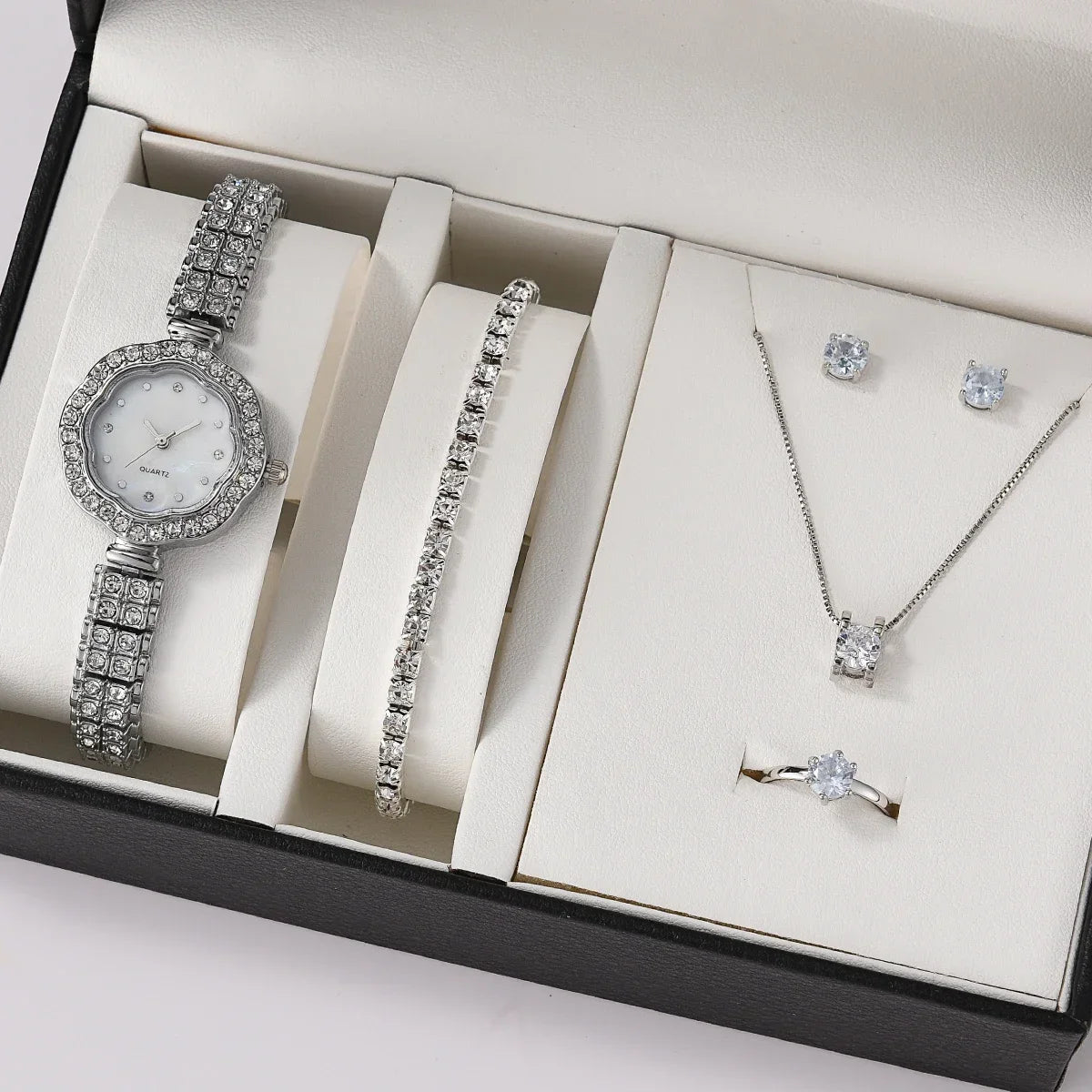 Women Quartz Watch Luxury with Diamonds Simple Stainless Steel Strap Clock Ring Necklace Earrings Rhinestone Set Reloj (no Box) Qme