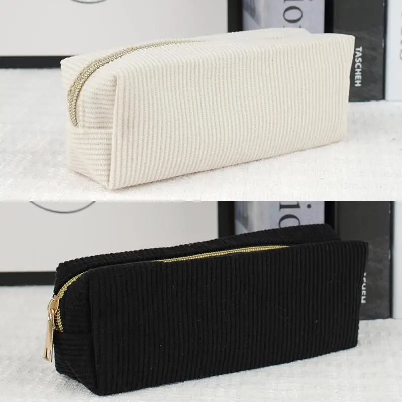Vintage Simple Solid Corduroy Pencil Case Large Capacity Stationery Qme