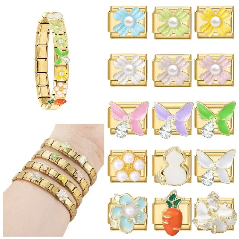 2026 Fashion Vintage Golden Pearl Flowers Gourd Shiny CZ Butterfly Italian Charms Fit 9mm Stainless Steel Bracelet Jewelry Gift Qme