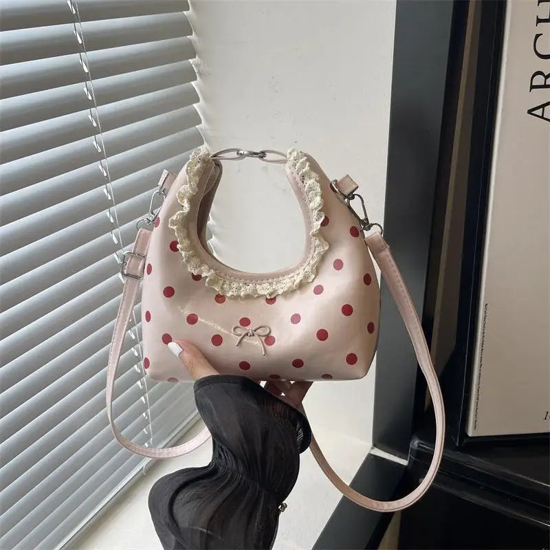 Light Polka Dot PU Leather Bag With Lace Ruffled Handle Cute Bow For Daily Shopping Dating Outings Qme