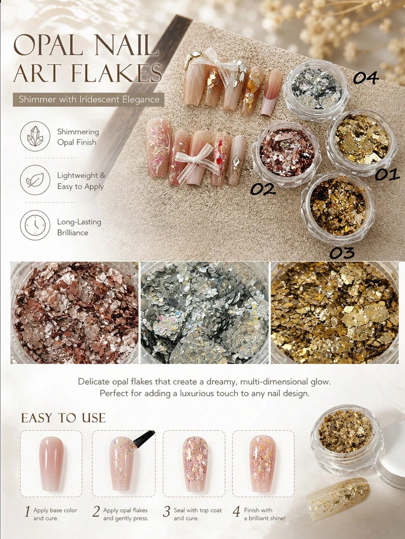 4 Colors Premium Opal Nail Powder Metallic DIY Decorations Glitter Gel Qme