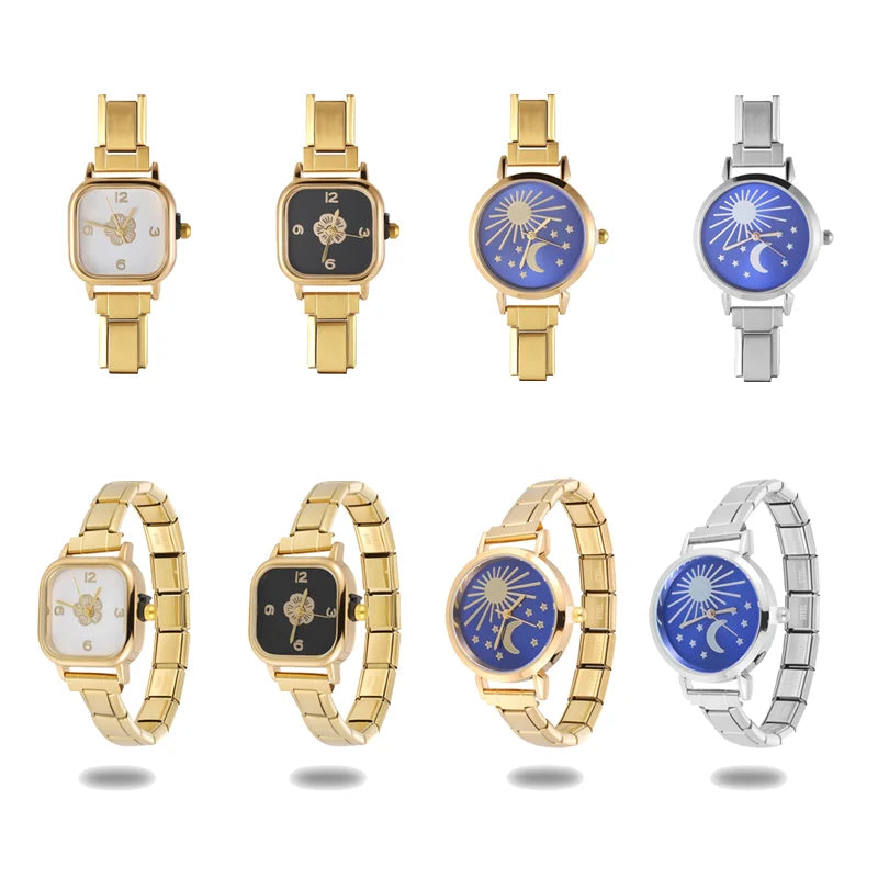 Fashion Women's Stainless Steel Square Flowers Watch Round Moon Sun High Quality Watch Bracelet For Friend Birthday DIY Bracelet Qme