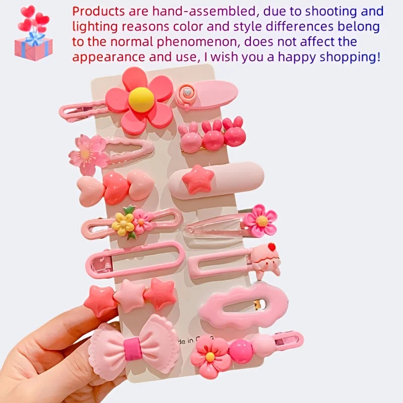 14Pcs/Set Cute Pink Hair Clips for Girls, Flower Star Bow Hairpins, Sweet Hair Accessories for Kids Daily & Party Use Qme