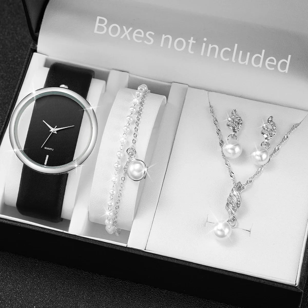 Women's Hollow Quartz Watch with Leather Bracelet, Pearl Jewelry Set, Fashion Watches, Without Box, 5 Pieces Per Set Qme