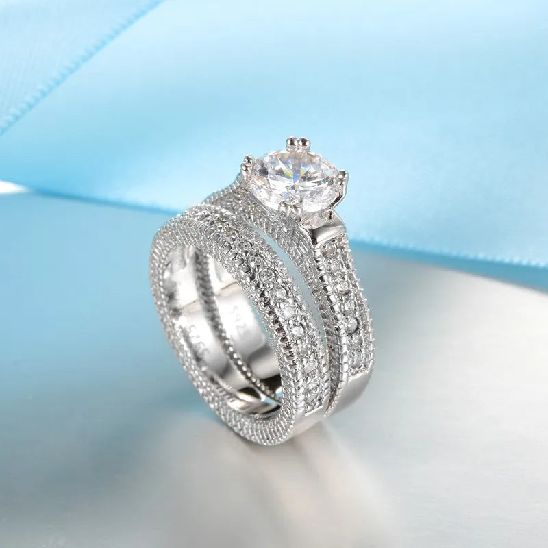 Elegant Wedding Engagement Couple Rings Set 925 Sterling Silver Color Anniversary Accessory With Full Shiny Cubiz Zircon Stone Qme