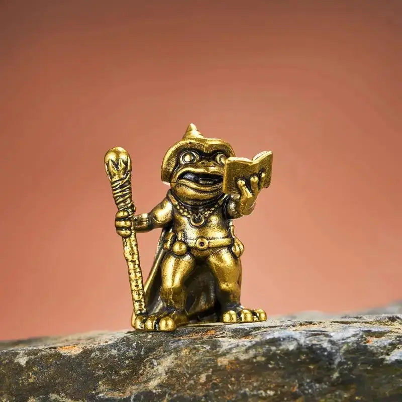 Vintage Brass Frog Wizard Statue Holding Magic Wand Ornament Home Qme