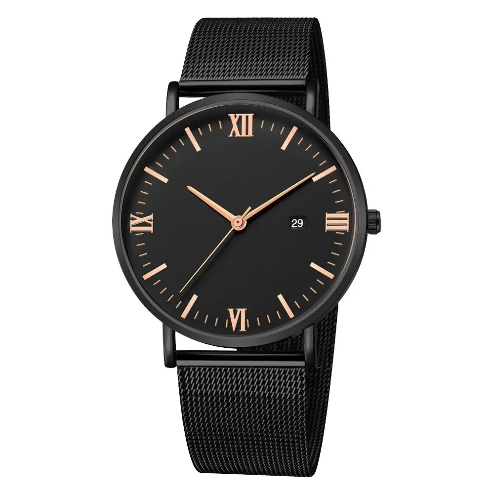 Ultra Thin Men Watch Magnetic Bracelet Quartz Watch Calendar Men Slim Mesh Steel Waterproof Sport Watch Black Relogio Masculino Qme Black Rose