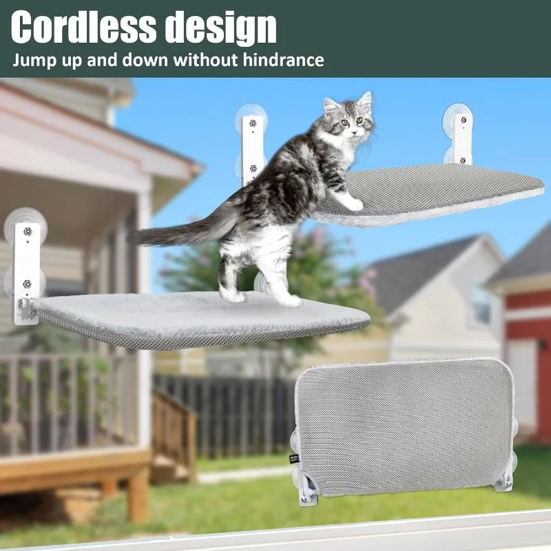 Cordless window wall cat hammock with 4 strong suction cups, metal frame and flip cover, indoor cat foldable four season cat bed Qme
