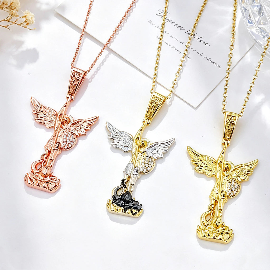 Classic Gold Rose Gold t St. Michael the Archangel Necklace Christian Faith Amulet Guardian Angel Zirconia Jewelry for Men Women Qme