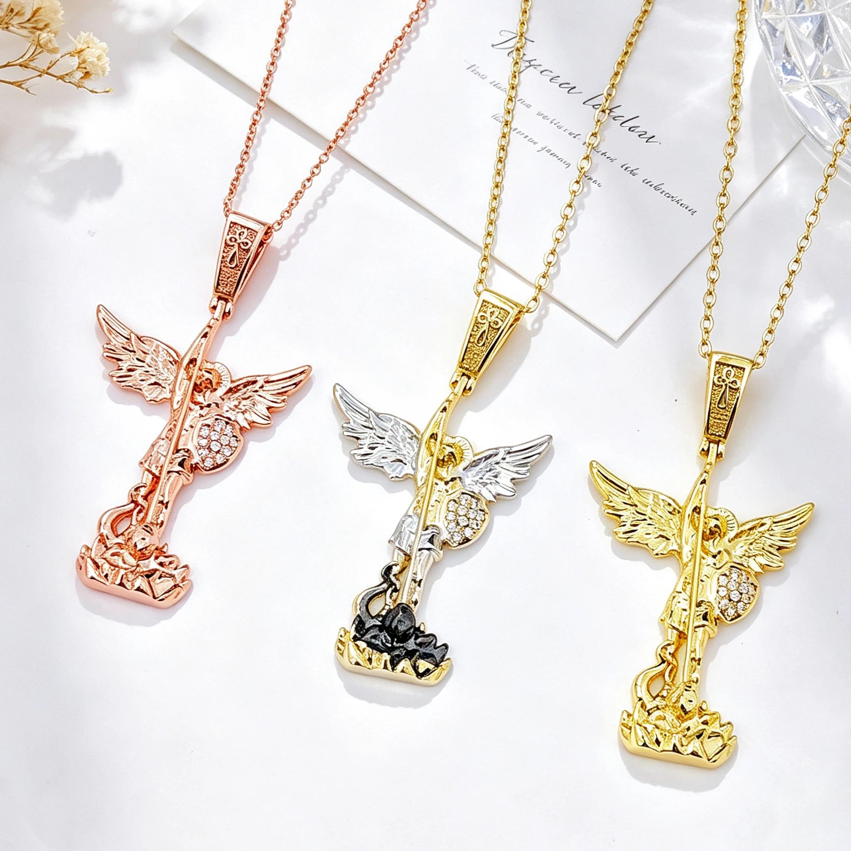 Classic Gold Rose Gold t St. Michael the Archangel Necklace Christian Faith Amulet Guardian Angel Zirconia Jewelry for Men Women Qme