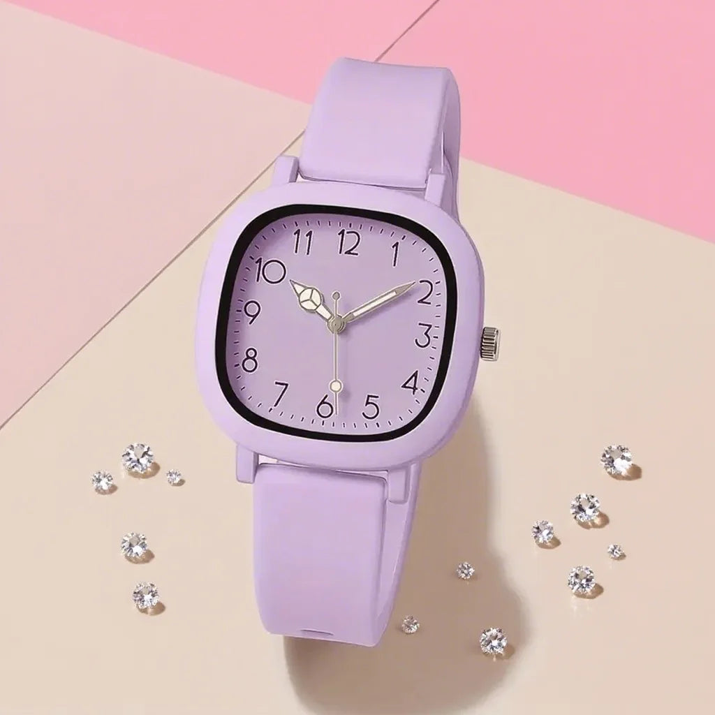 1 pcs candy colored silicone watch, student sports strap, college style square quartz watch Qme PURPLE