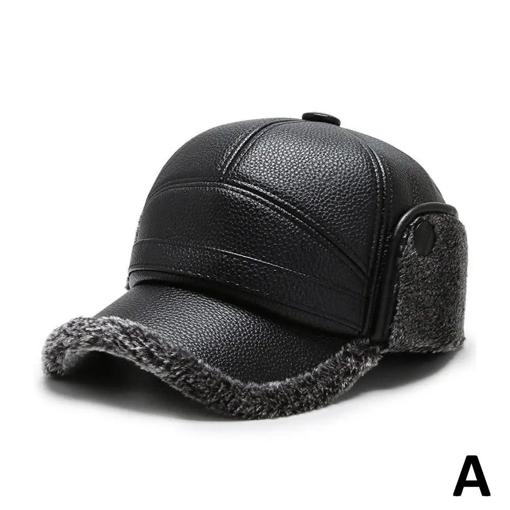 NEW Pu Leather Baseball Cap Men Winter Warm Hat Dad Grandpa Thermal Hat Thick Warm Leather Hat Old Man Ear Protection Cap Qme Gray One size
