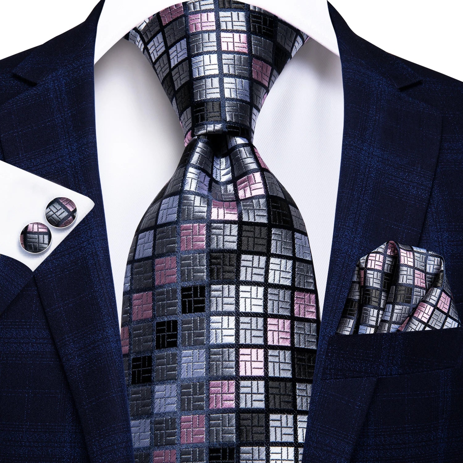 Professional Mens 3-Piece Suit Necktie Pocket Square Cufflinks Qme DPTH-HT-LDSN0482