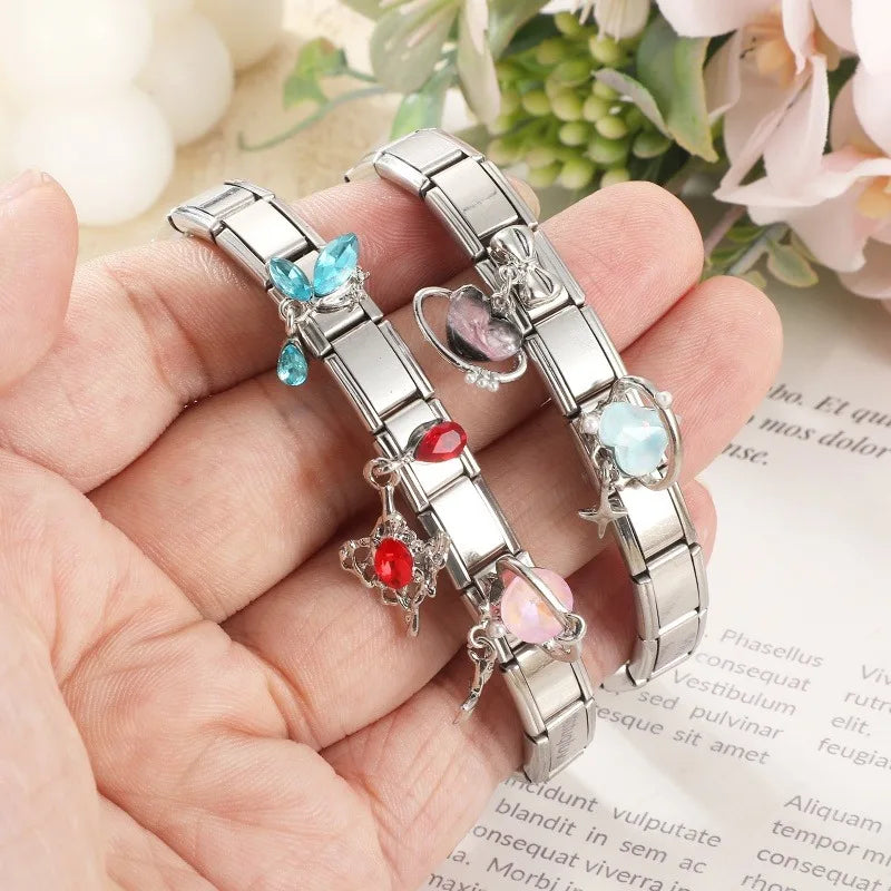 2026 New Shiny Zircon Candy Heart Star Bow Italian Charm Links Fit 9mm Stainless Steel Bracelet Women Jewelry DIY Making Gifts Qme