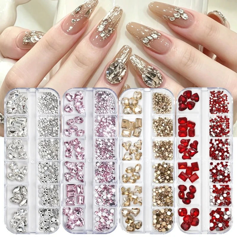 12grids Shiny Clear Crystal Gems Nail Rhinestones Mixed Round Glass Stone Flatback Nail Charms Nail Diamond DIY Qme