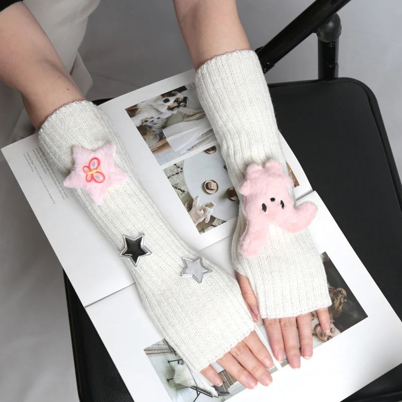 1 Pair of Girls Cute Fingerless Gloves with Star Decoration Fashionable Accessory Gloves Casual Long Wrist Punk Gothic Gloves Qme WHITE