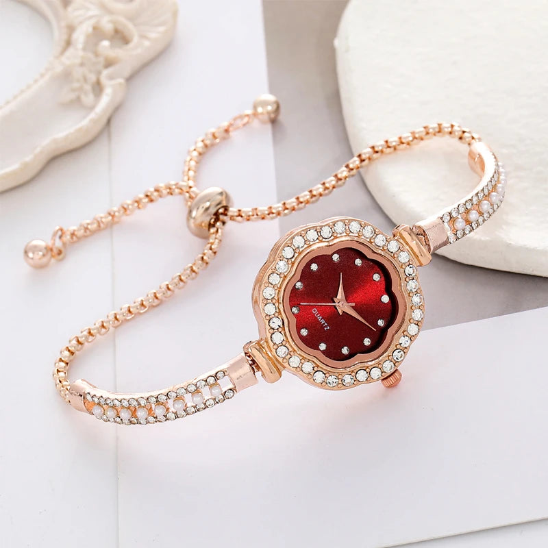 1pcs Floral Colorful Dial Fashion Small Light Luxury Pearl Strap Women's Watch Features Pulling Bracelet Qme