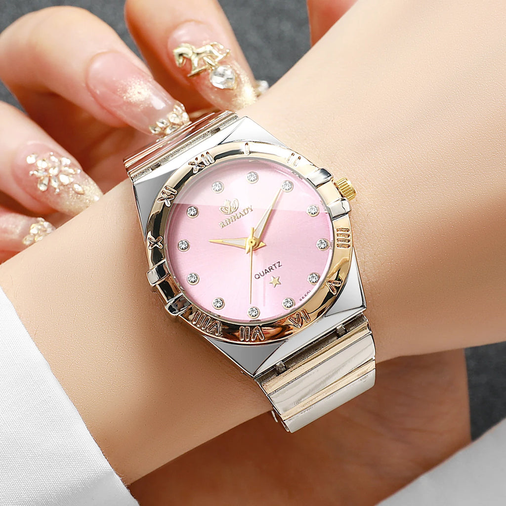 Elegant Ladies Two-Tone Interlocking Metal Strap Watch, Blush Pink Face Crystal Accent Casual Business Quartz Wrist Watch Qme