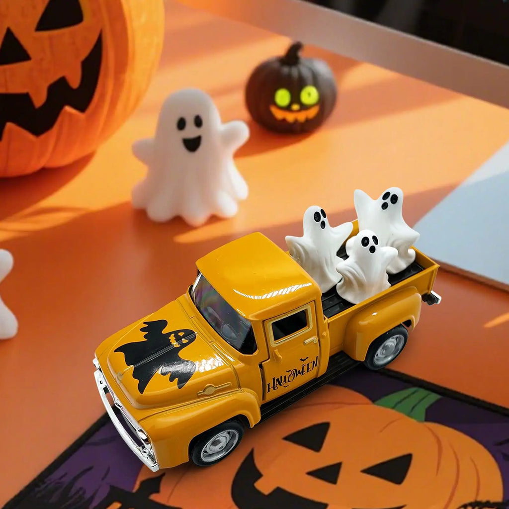 Halloween Truck Decor Indoor Mantle Ornament Funny Truck Ghost Desktop Figurine For Halloween Showcase Entryway Classroom Qme