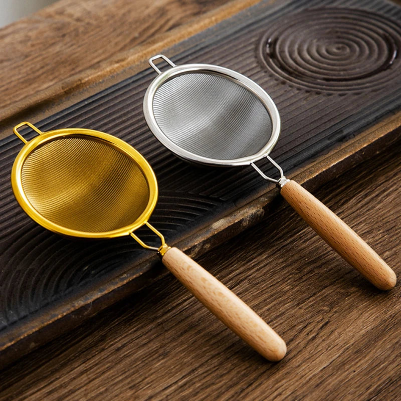 Creative Stainless Steel Tea Drain Reusable Long Wooden Handle Qme