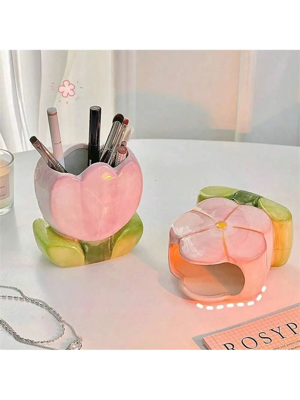 Tulip Ceramic Pen Holder Makeup Brush Storage Jar Desk Decoration Qme