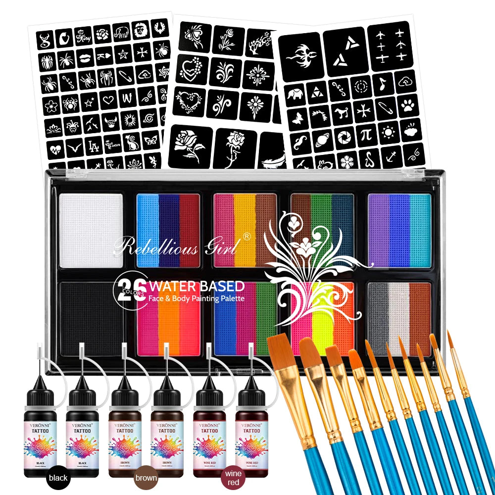 26 Colors Face Body Paint Palette 9 Painting Brushes 3 Sheets Qme