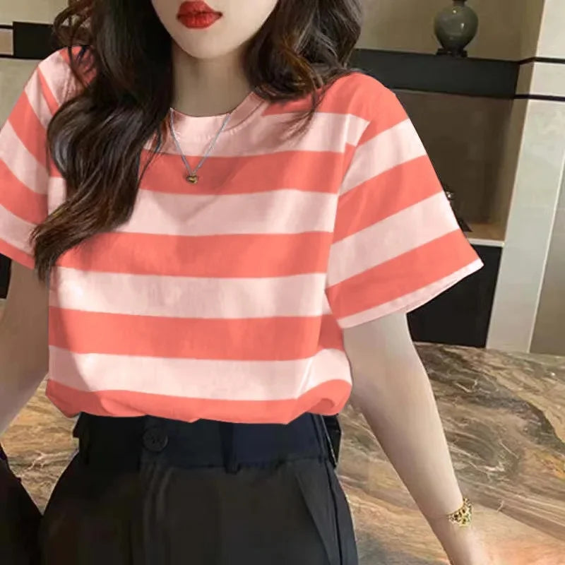 Summer Style Loose-fit Round Neck Short Sleeve Striped Pullover Casual Versatile Round Neck Slim Fit T-shirt Base Layer Shirt Qme Pink XL