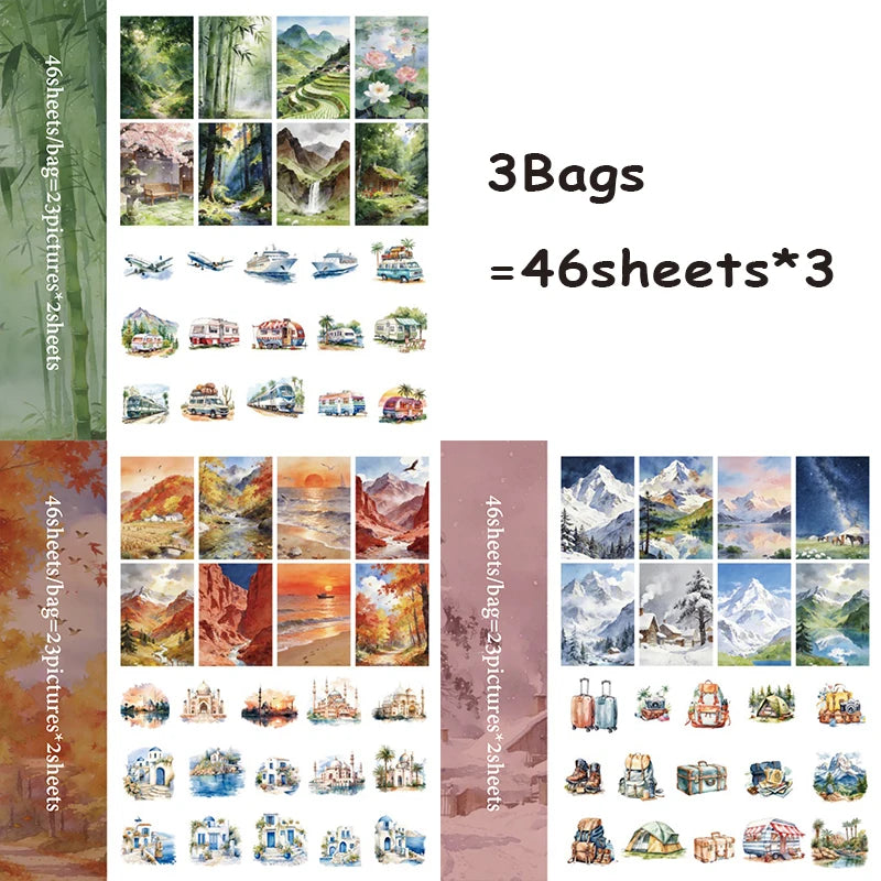3 Bags Watercolor Landscape Theme Pack, Healing Scenery Journal Scrapbooking Materials, Versatile for Multiple Scenes Qme B