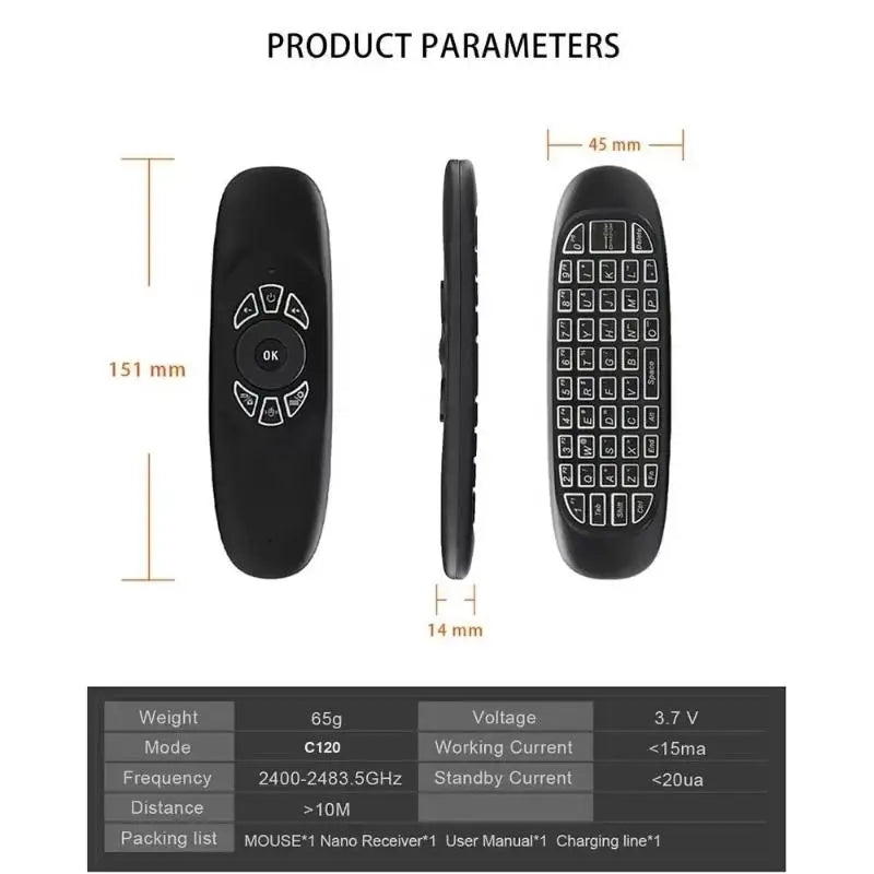 C120 RGB Backlight Fly Air Mouse Gyro Sensor Wireless RF Keyboard Qme