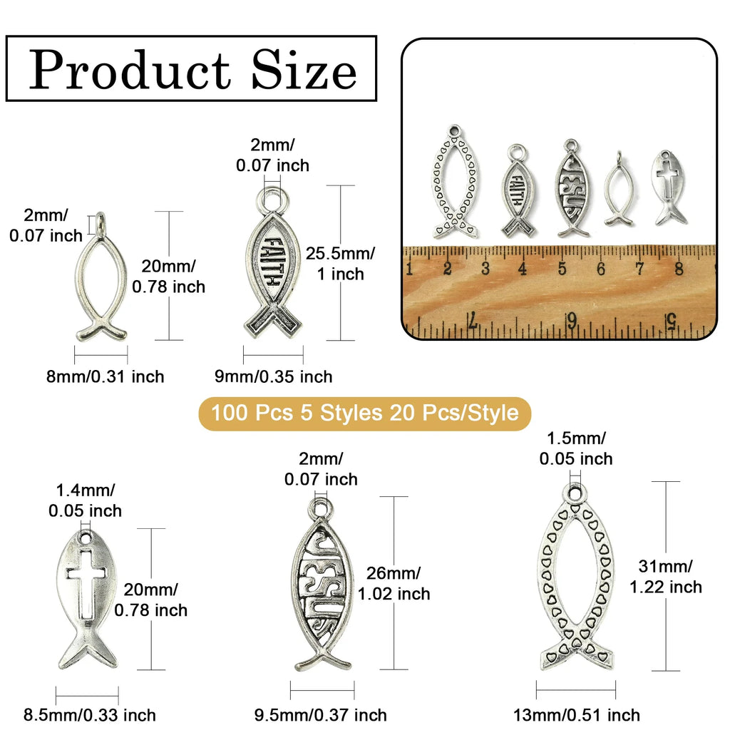 Pandahall 100Pcs 5 Styles Easter Theme Tibetan Jesus Fish Charms Antique Silver Color Christ Fish Pendants for Jewelry Making Qme