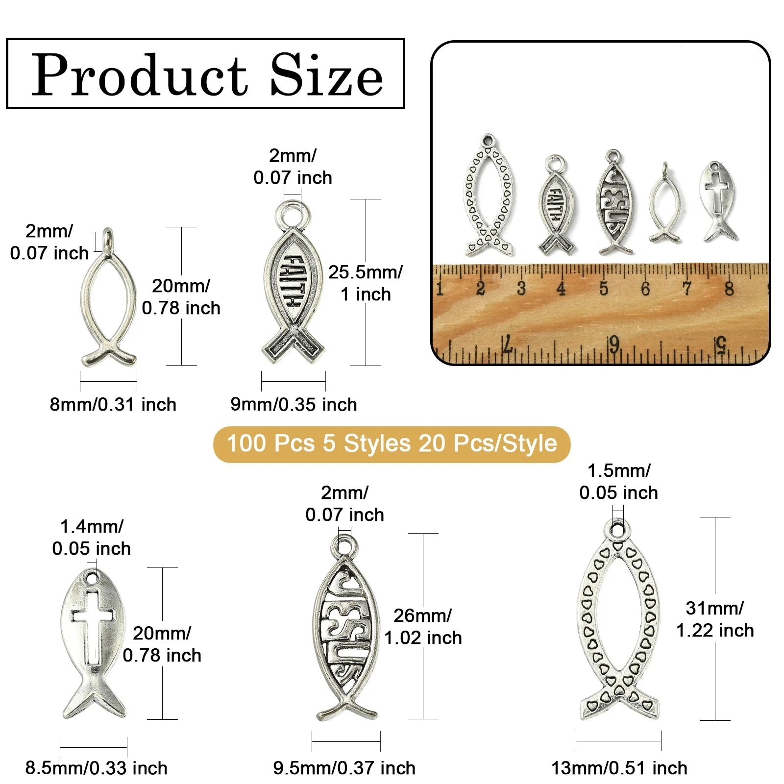 Pandahall 100Pcs 5 Styles Easter Theme Tibetan Jesus Fish Charms Antique Silver Color Christ Fish Pendants for Jewelry Making Qme