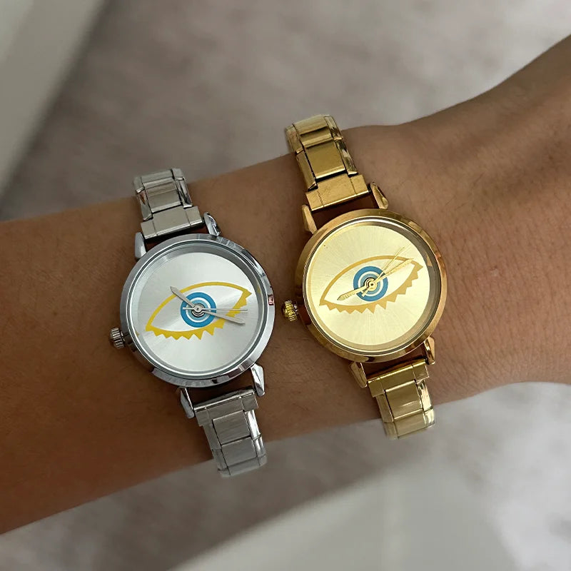 Wholesale Women Devil Eyes Casual Watches Fashion Colorful Round Dial Stainless Steel Strap Watch For Womens Clock（Without Box） Qme