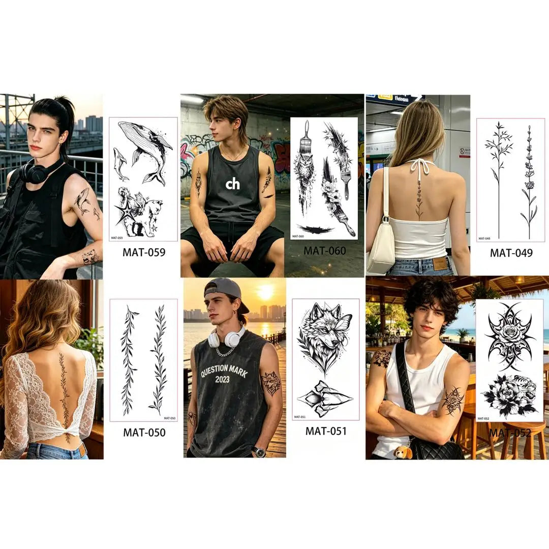 A 6/9pcs Temporary Tattoos for Women - Black Heart, Butterfly, Floral & Celestial Designs | Waterproof Fake Tattoo Stickers Qme 6pcs MAT-049MAT052