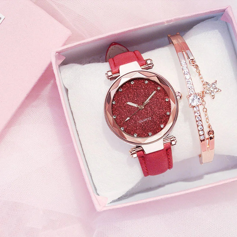 1pc Rhinestone Decor Round Pointer Quartz Watch & 1pc Bracelet Fancy Women Watches Jewelry Sophisticated And Stylish Women Watch Qme Red suit