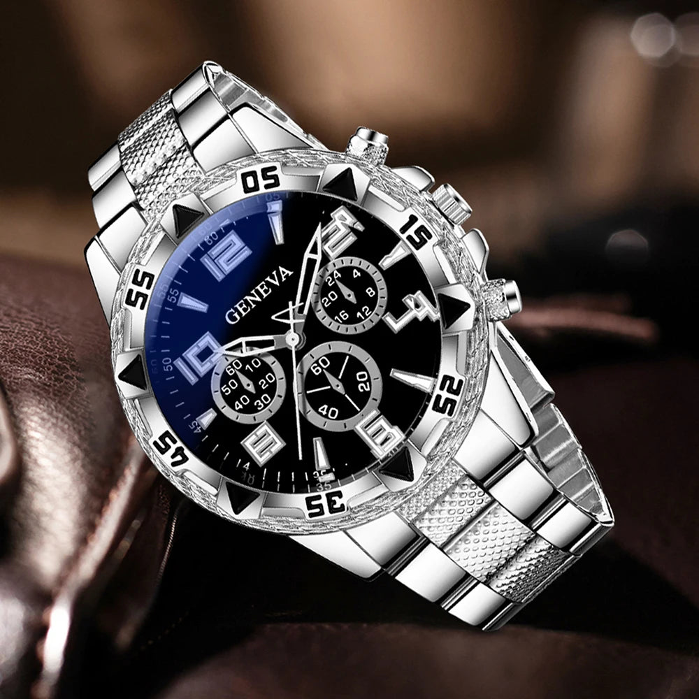 3-Piece Men's Silver Ice Crack Jewelry Set, Geneva Watch+Cuban Chain+Bracelet, Hip Hop Sparkling Style Qme