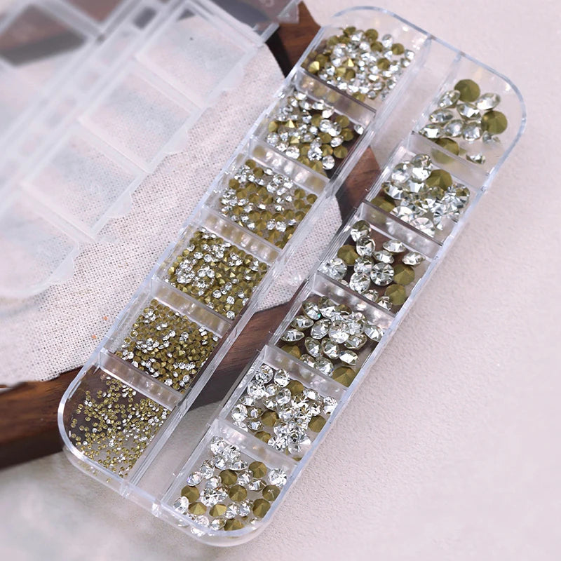 12 Grids Mixed Mini Nail Rhinestones Sharp Bottom Flash Art Crystal Qme