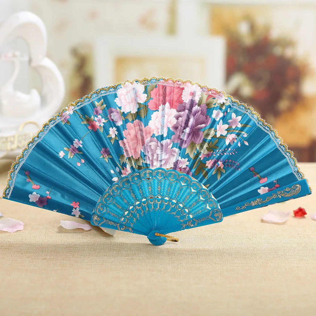 Best Dance Wedding Party Lace Silk Folding Hand Held Flower Fan Multi Color Patterned Plastic Folding Fan Dance Fan Qme Sky Blue