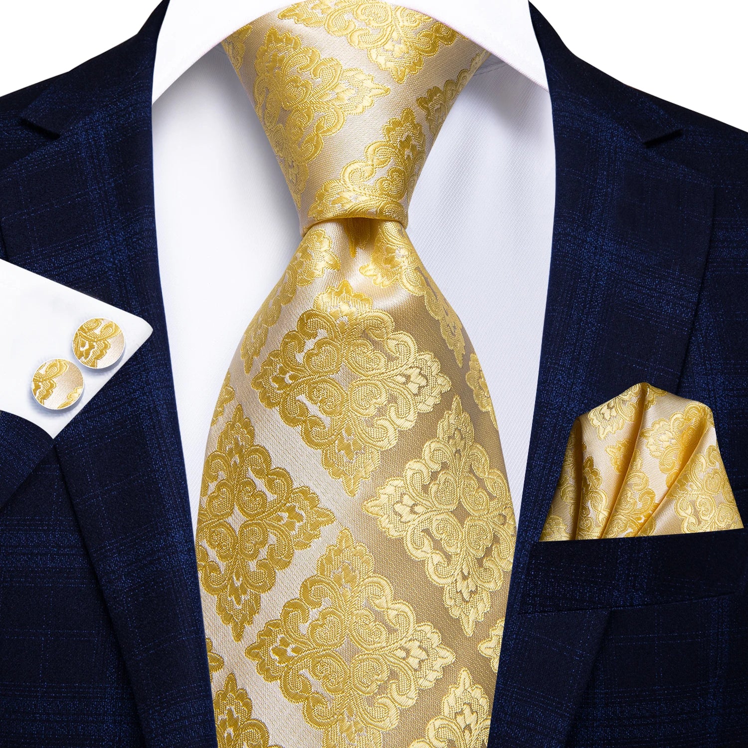 Hi-tie Fashion Blue Plaid Dots Men's Elegant Tie Handkerchief