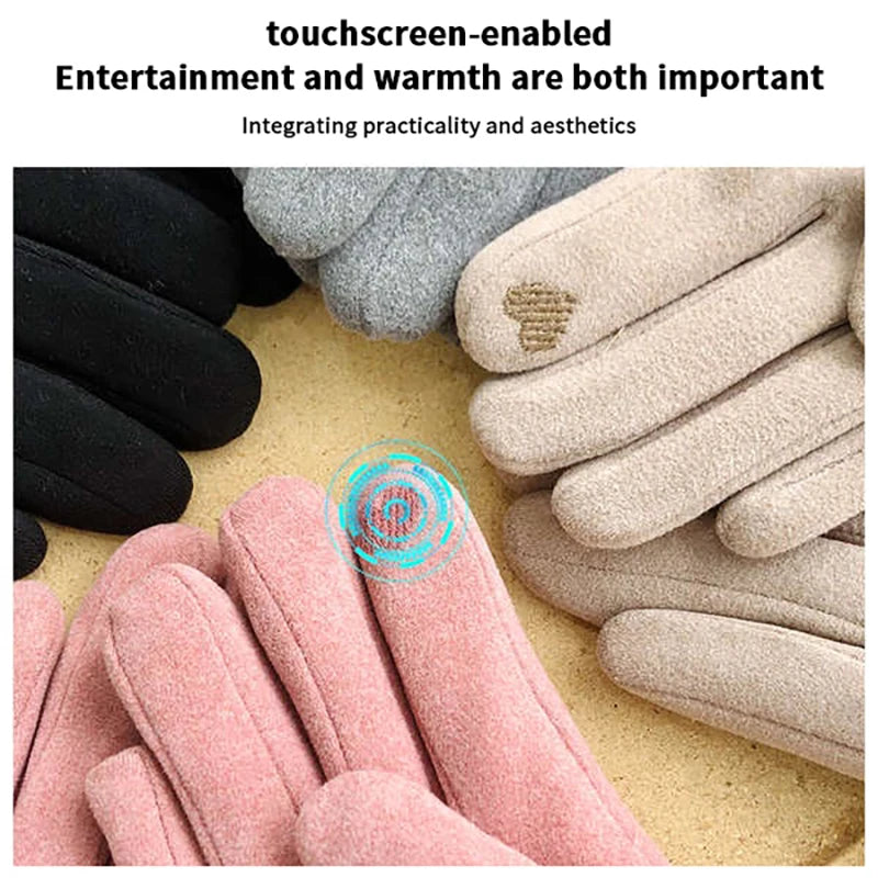 Autumn Winter Warm Suede Gloves Velvet Thickened Plush Decor Cuff Qme