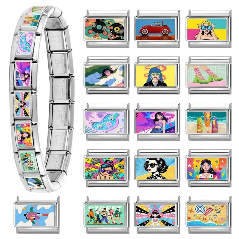 2026 Fashion Doodle Painting Beauty High-heel Swim Pool Beach Italian Charm Links Fit 9mm Bracelet Stainless Steel DIY Jewelrys Qme