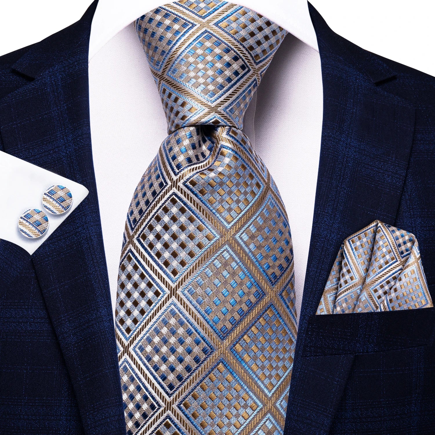 Designer Wedding Tie Men Blue White Plaid Handky Cufflink Red Gray Qme 3446