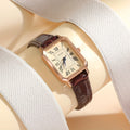 Casual Rectangle Pointer Quartz Watch Rome Fashion Analog Retro PU Leather Wrist Watch For Women Girls Qme Brown No