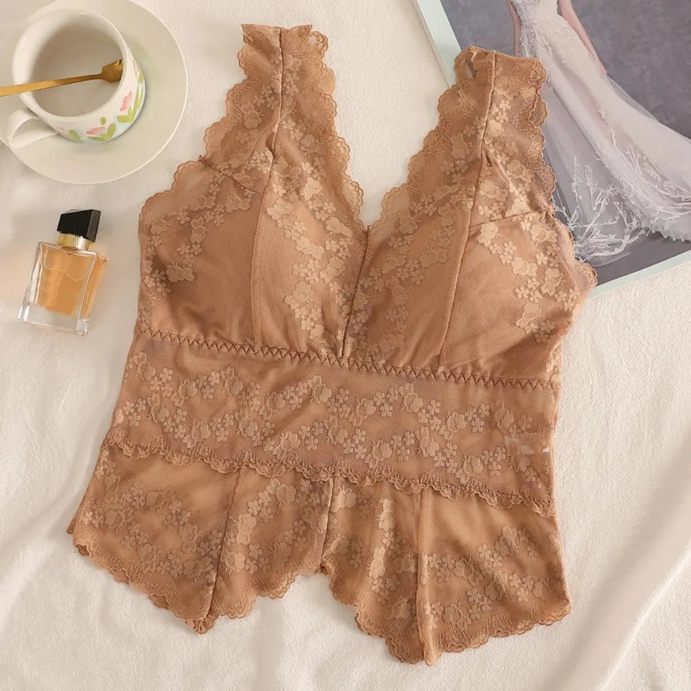 Simple Mesh Thin Lace Deep V Camisole Sleeveless Slim Fit Suspender Qme Light Coffee L