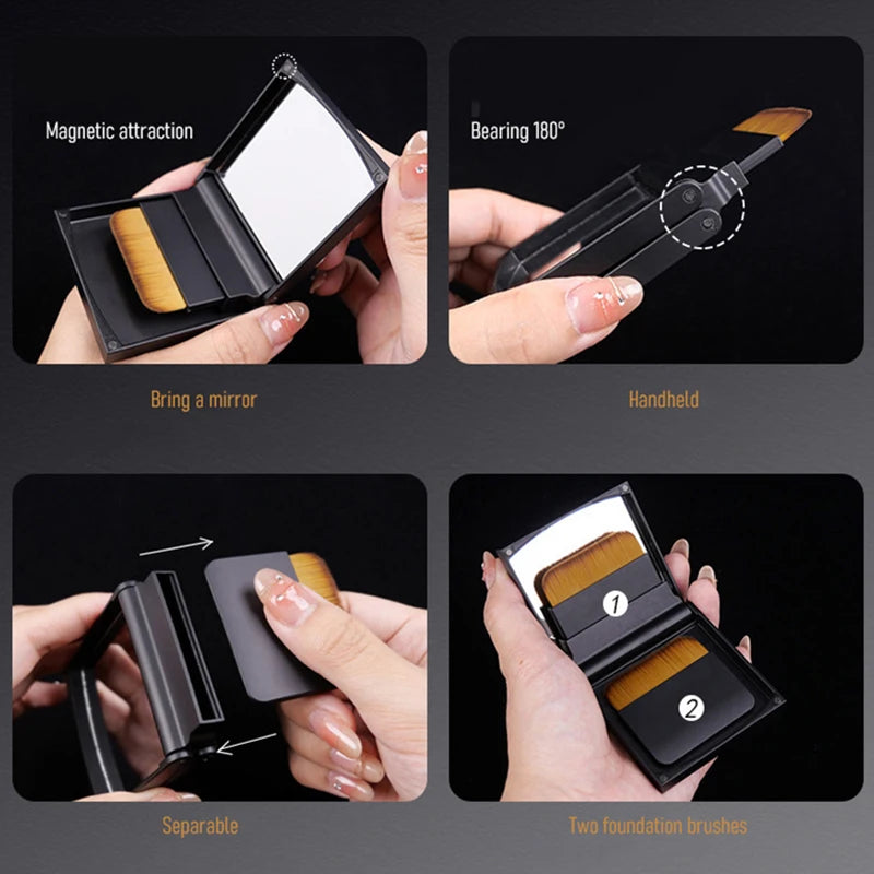 Ultra-thin Compact Foundation Brush Mirror Carry Box Flat-head Qme