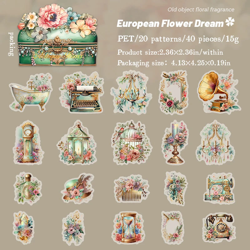 40 pcs Vintage Transparent PET Stickers pack INS Flowers Old items Decorative Scrapbooking material Diy junk journal supplies Qme E