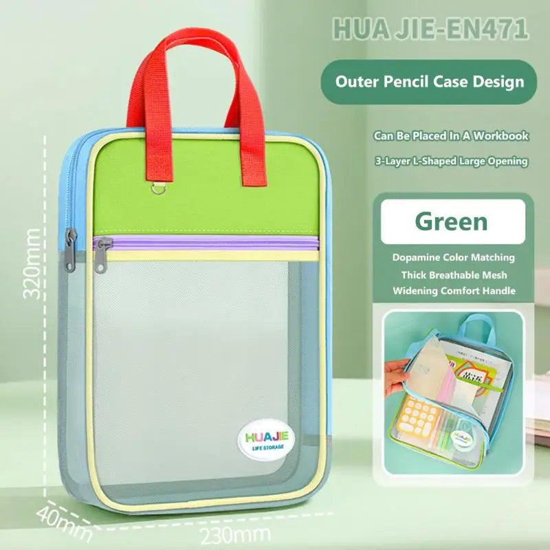 Student Handheld File Bag Dopamine Tote L-shaped Zipper Mesh Folder Qme A5